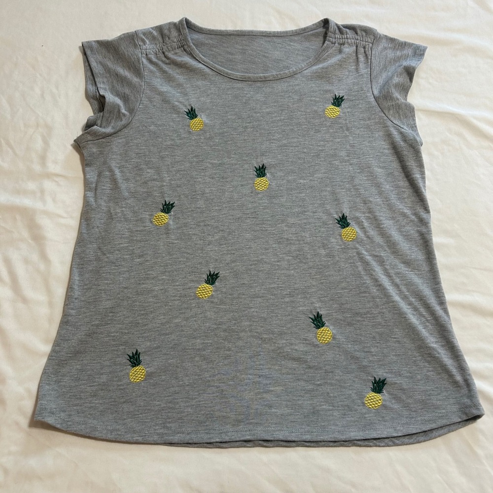 Grey Pineapple Embroidered Cap Sleeve Knit Top Crew Neck Casual Summer Tee Large